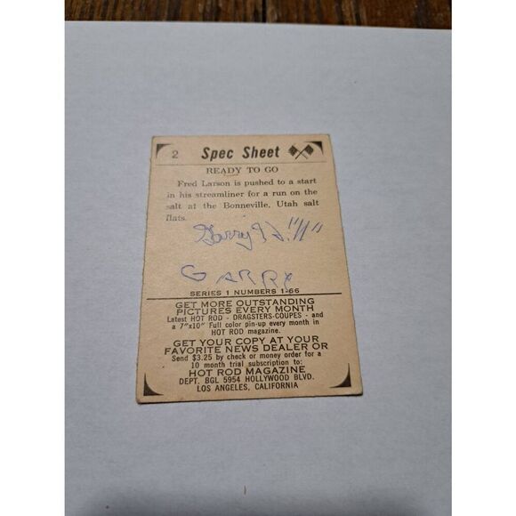 Vintage 1965 Hot Rod Magazine #2 Spec Sheet Fred Larson Streamliner Trading Card - Picture 2 of 2